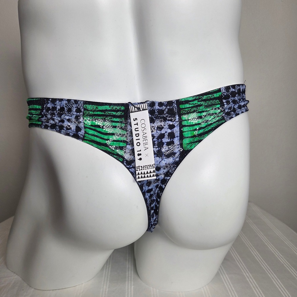 Cosabella x Studio 189 Mens Lace‎ Thong Green Blue Geometric Print Low Rise NEW
